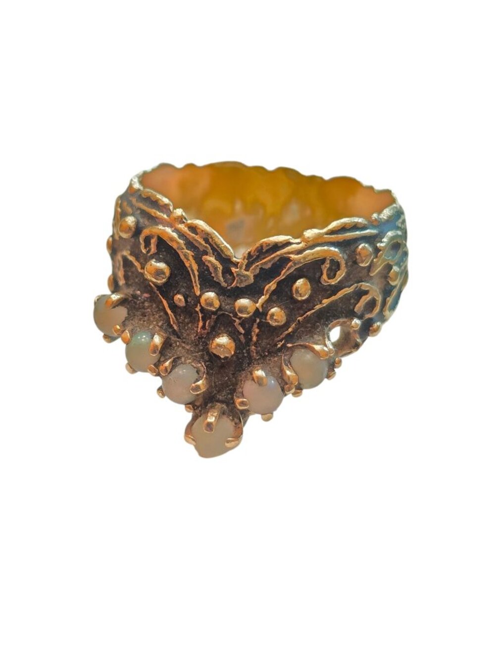 Antique Elaborate 14kt Gold with Tiny Opal/Quartz Stones Ring Size 5.5 (A7770)